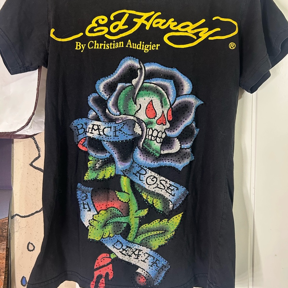 Ed Hardy Black T-Shirt with Skull and Rose Design